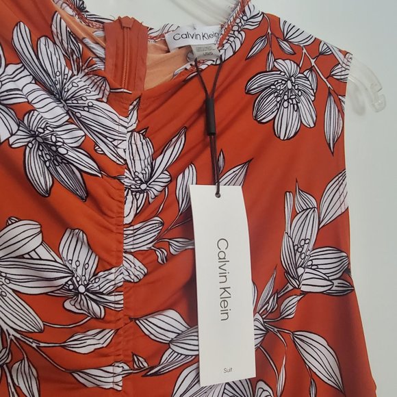 Calvin Klein Ruched Sleeveless Top Liquid Knit High Neck Burnt Orange Floral - Picture 3 of 3